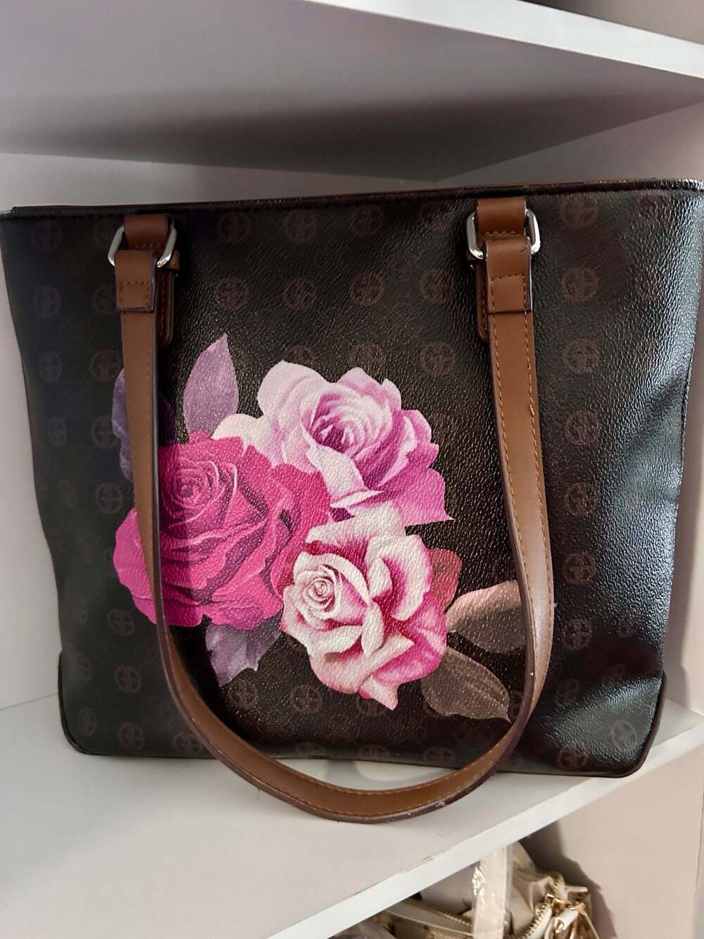 Giani Bernini Signature Logo Brown Tote Bag with Floral Rose Print